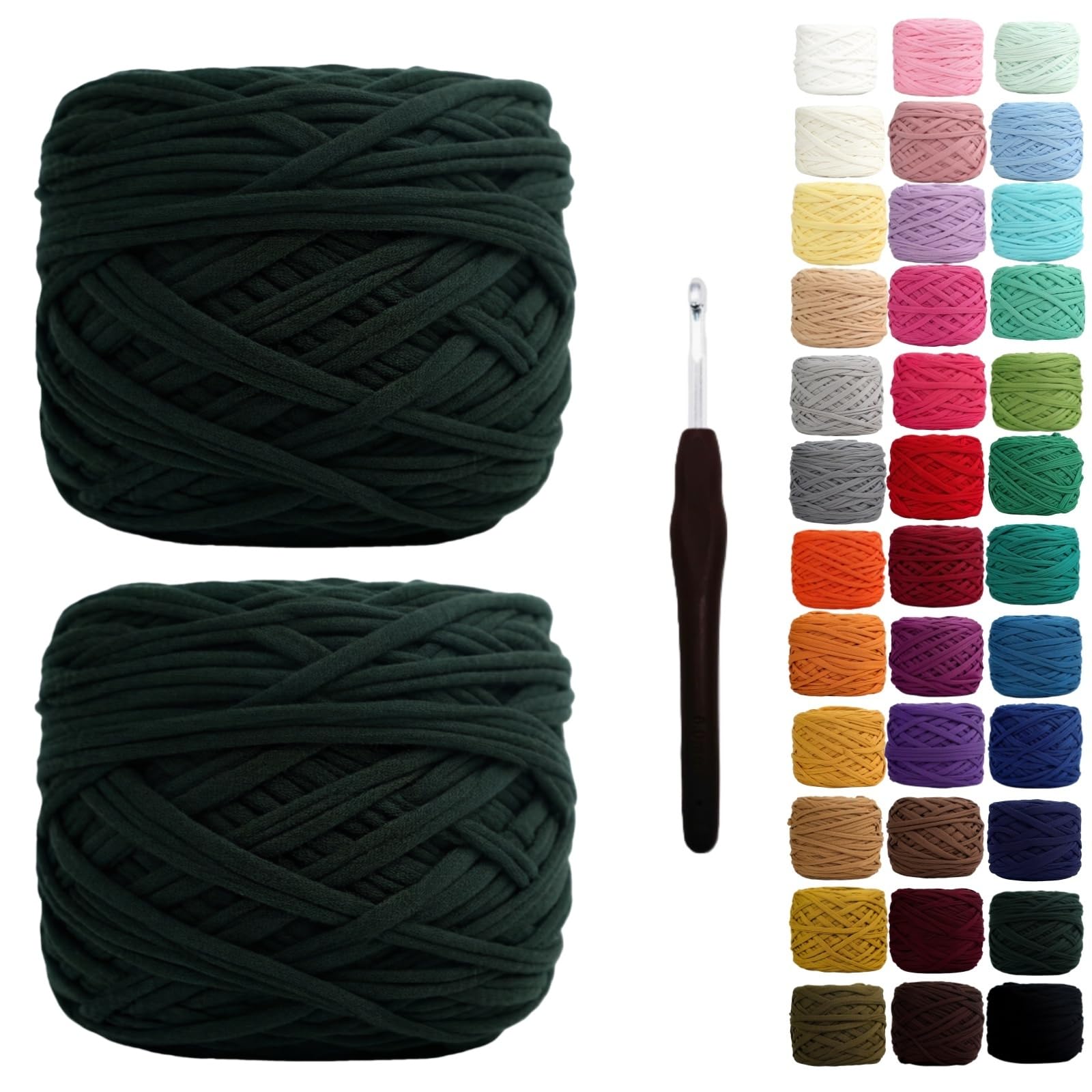 Binwat T Shirt Yarn for Crocheting 150m Elastic Ribbon Yarn Thick Crochet Fabric Yarn, Knitting T-Shirt Yarn for Crochet Bag/Blanket/Basket, DIY Crafts Projects, Home Decor (2pcs Dark Green)