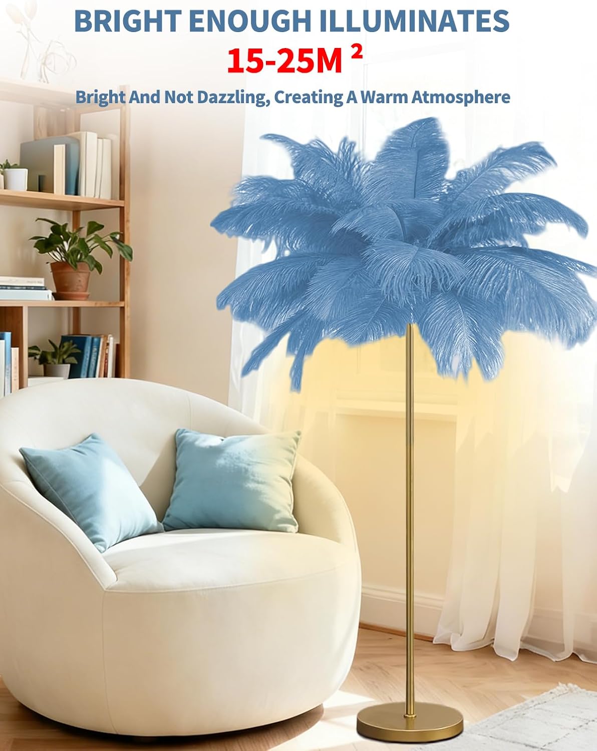 Feather Floor Lamp,Fluffy Ostrich Feather Floor Lamp for Bedroom,3 Color Temperatures Led Corner Modern Floor Lamps for Living Room Christmas Home Decor House Warming Gifts,63″ Height (Light Blue)
