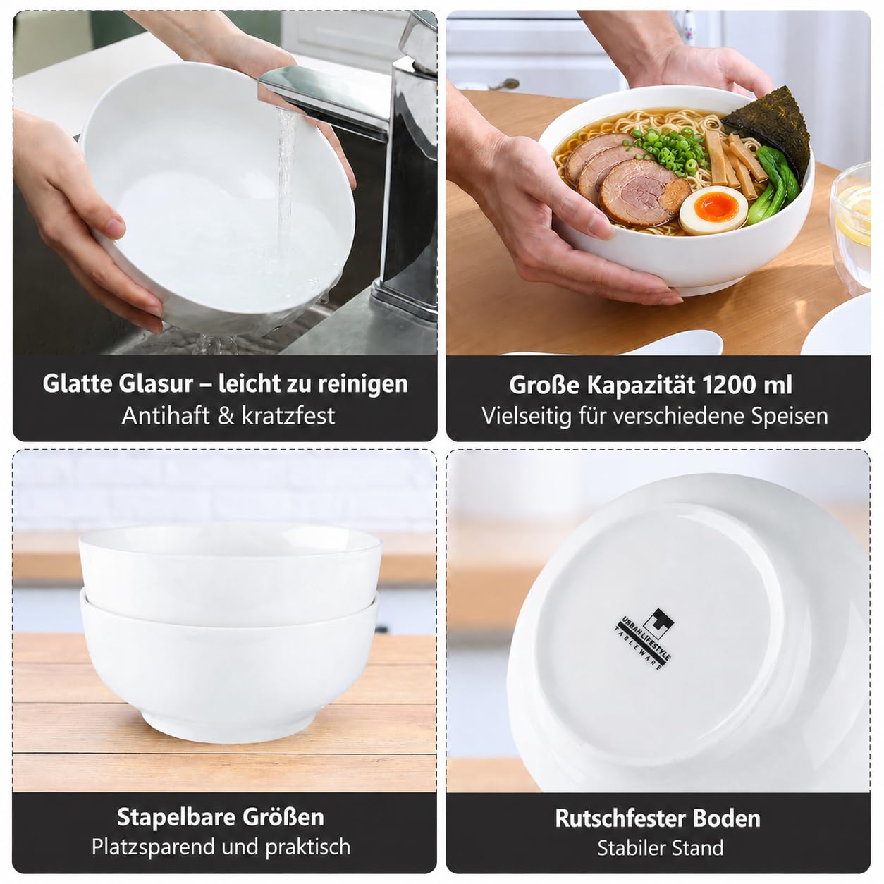 Urban Lifestyle Set Cuencos Ramen para 2 Personas Ø 17,5 cm 1200 ml, New Bone China Blanca, Cuencos para Ramen con Cucharas, Palillos Japoneses y Cuencos Pequeños, Cuencos Sopa