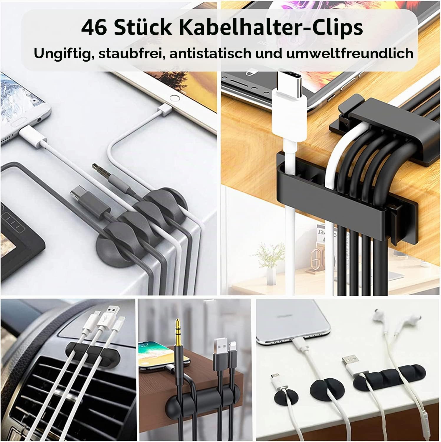 192-teiliges Kabelmanagement-Set, 4-Draht-Organizer-Hülse, 11 Kabelhalter, 35Kabel-Clips, 10 + 2 Roll-Kabel-Organizer-Gurte und 100 Befestigungs-Kabelbinder für Computer-TV unter dem Schreibtisch