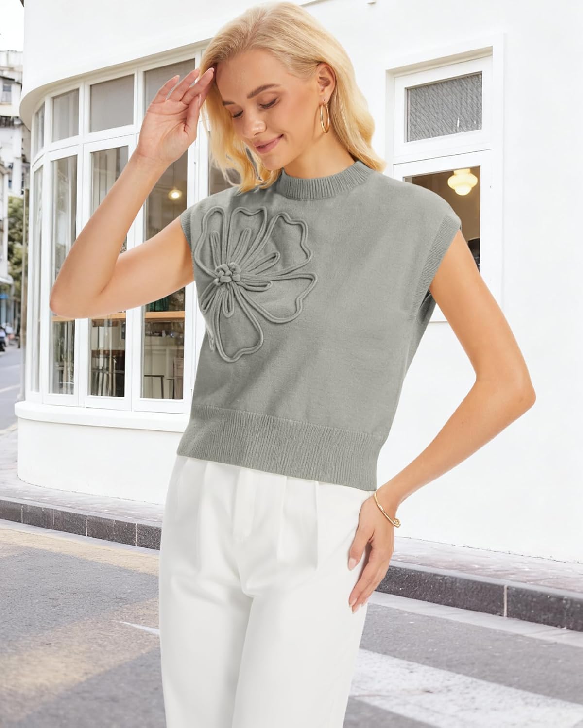 3D Floral Sleeveless Sweater Vest for Women, Spring Knit Tank Top Casual Pullover - Image 3