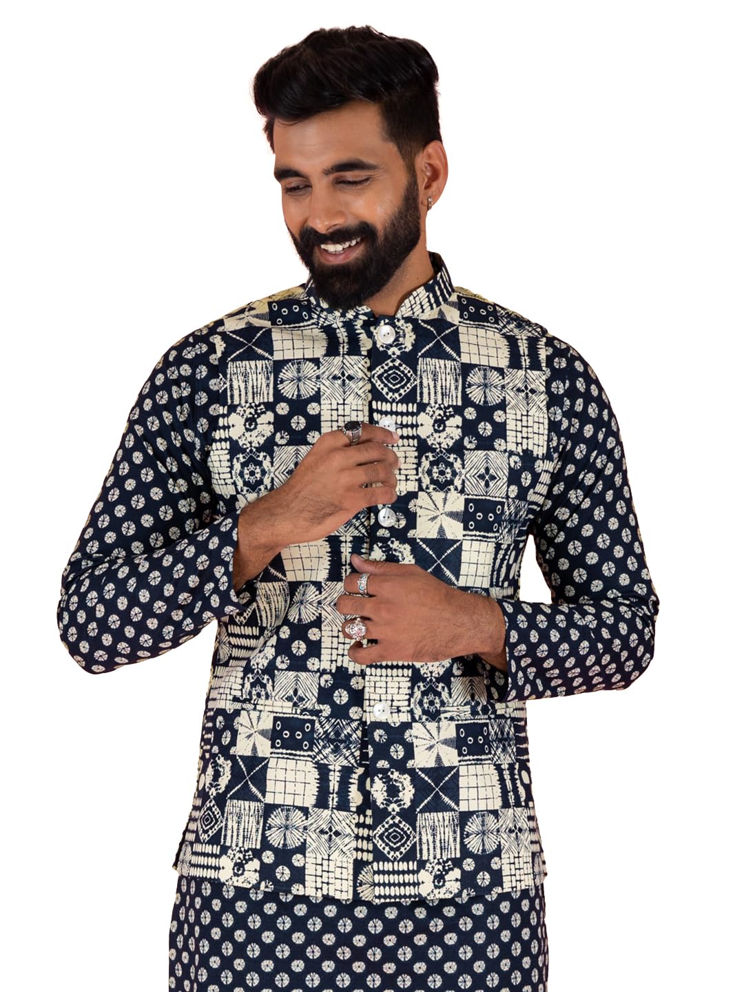 Men Navy Blue Printed Nehru Jacket-image-5