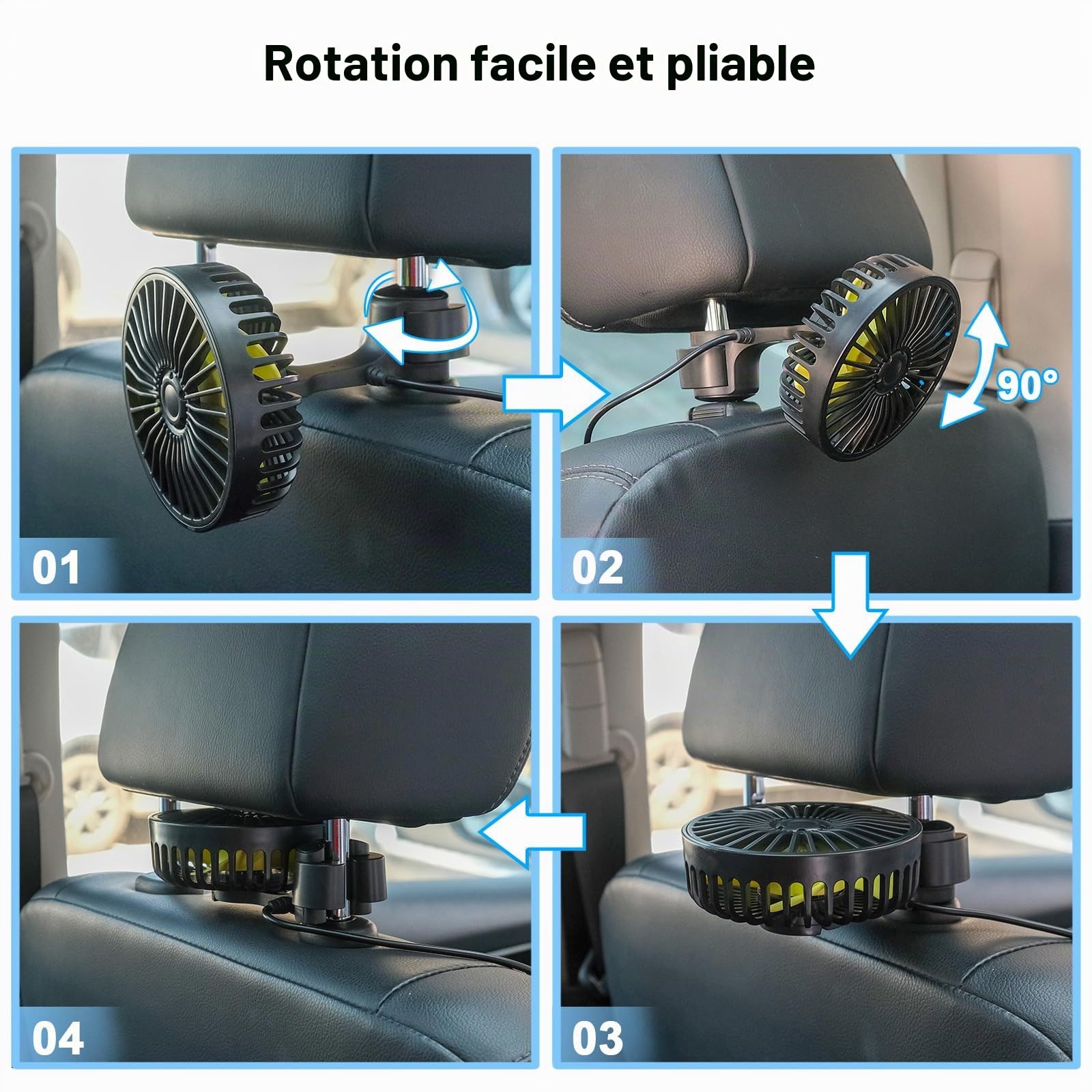 Qidoe Ventilateur USB pour Voiture, Ventilateur Pour Siège Arrière et Enfants avec 3 Vitesses et Rotation 360° Compatible avec Voitures, SUV, Camions, Caravanes, Bateaux, Camping-cars
