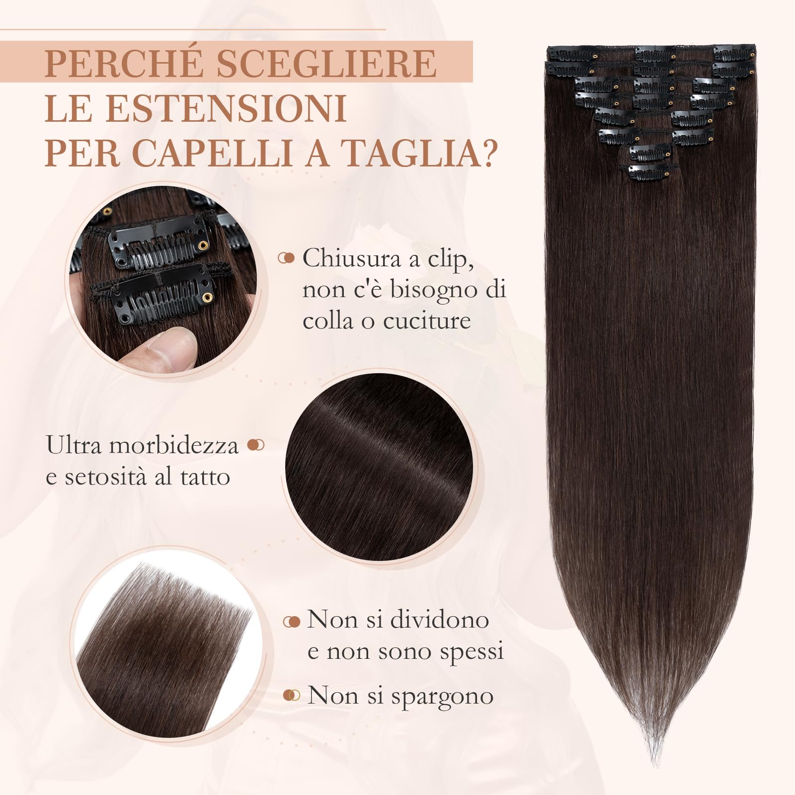 8pz Extension Capelli Veri Clip, 35cm Extension Clip Capelli Veri, 60g Remy Umani Naturali Capelli Extension Con Clip #2 Marrone Scuro