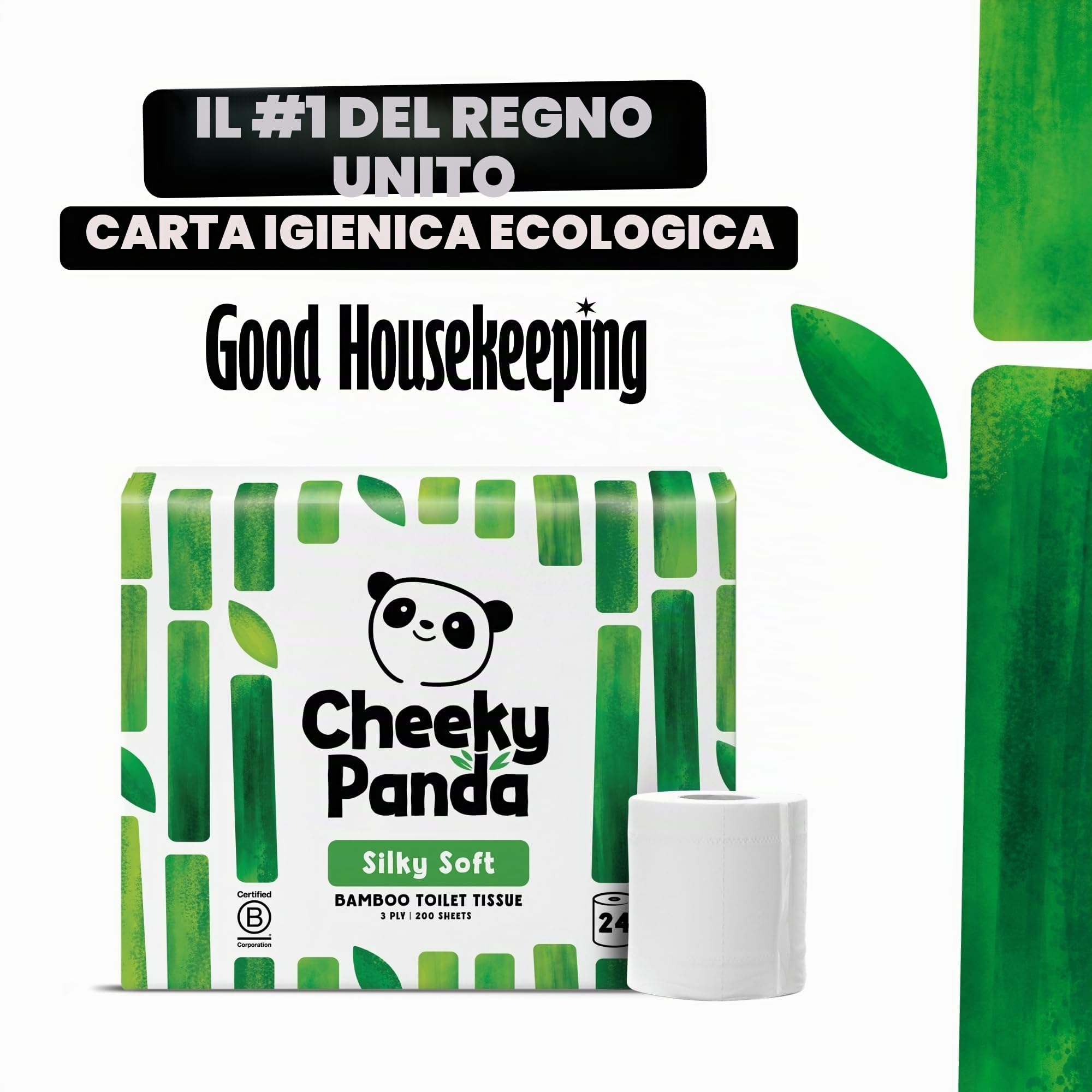 The Cheeky Panda Carta Igienica Bamboo | 24 x Rotoli Carta Igienica 3 Veli | 200 Soffici Fogli | Biodegradabile ed Ecológico | Senza plastica
