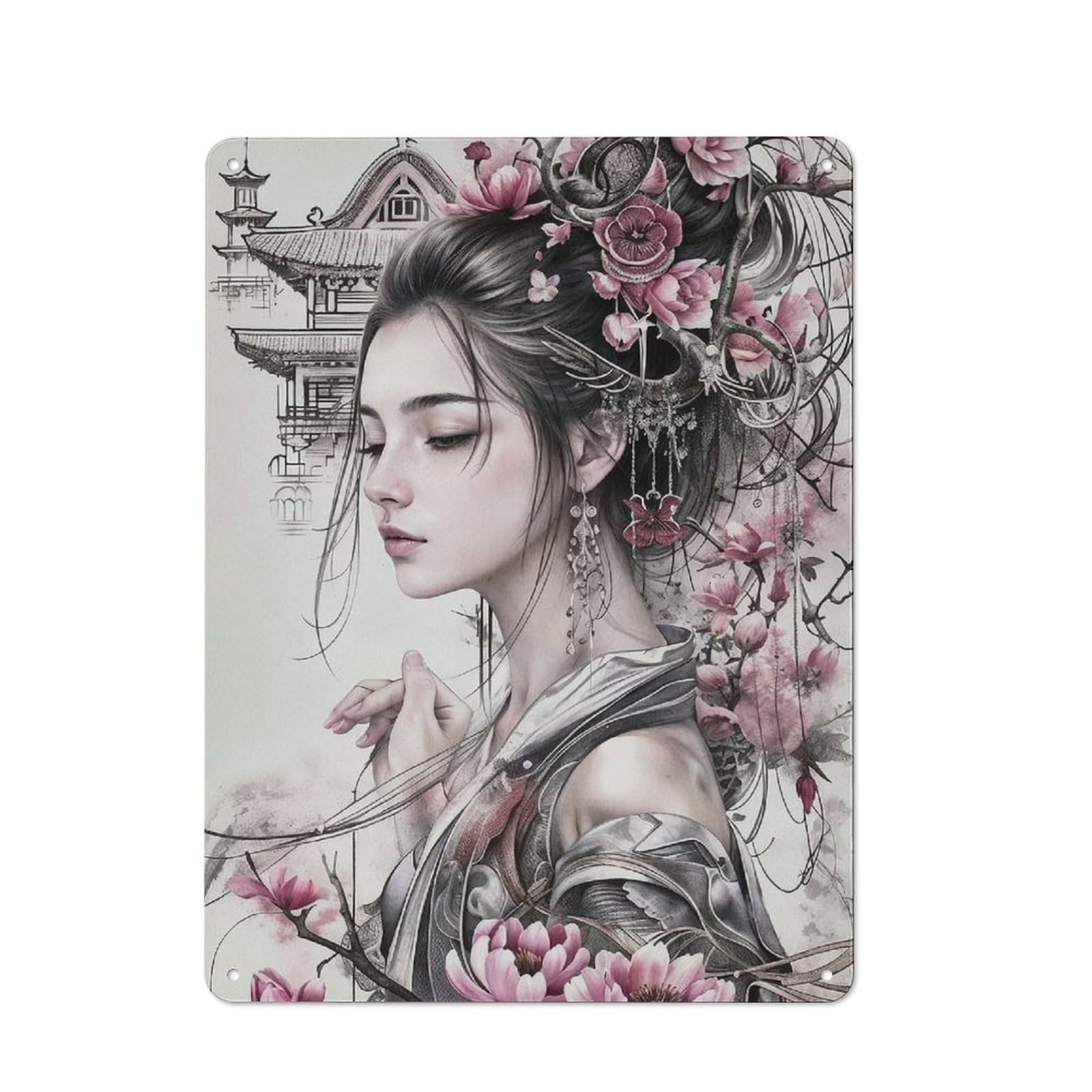 Junmoney Style-11 Creative Geisha Japanese Metal Desk Wall Sign 40X30cm, Study Room Decor For Home Office, Reading Corner Or Bedroom