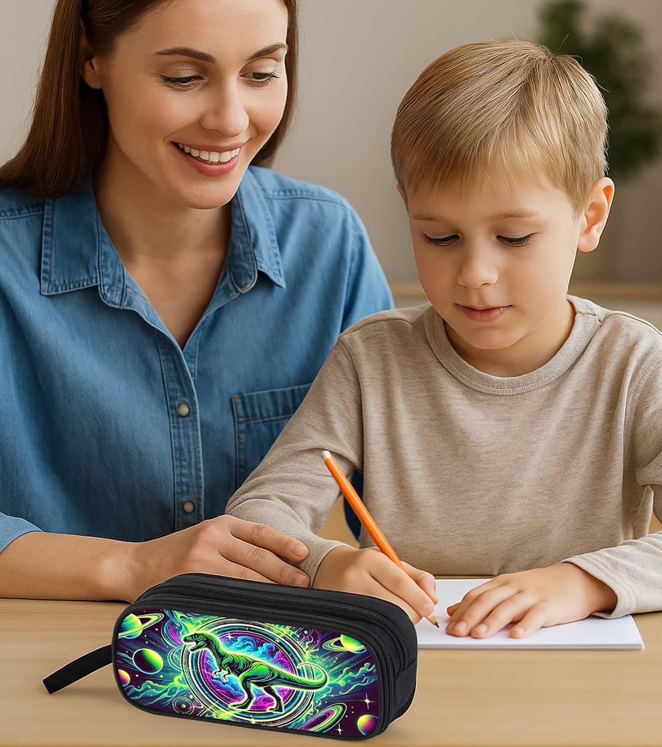 Dinosaur Pencil Case for Boys and Girls, Dino Pencil Pouch for Kids, Big Capacity Pen Case Gifts for Child at Elementary School, Double Zipper Pen Bag Organizer with 2 Compartments - Image 6