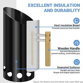 6.5X14.5 Double enameled Charcoal Chimney Starter with Stainless Steel Heat Shield & Wood Handle Easy Cleaning Charcoal Starter for Grill and Firepit