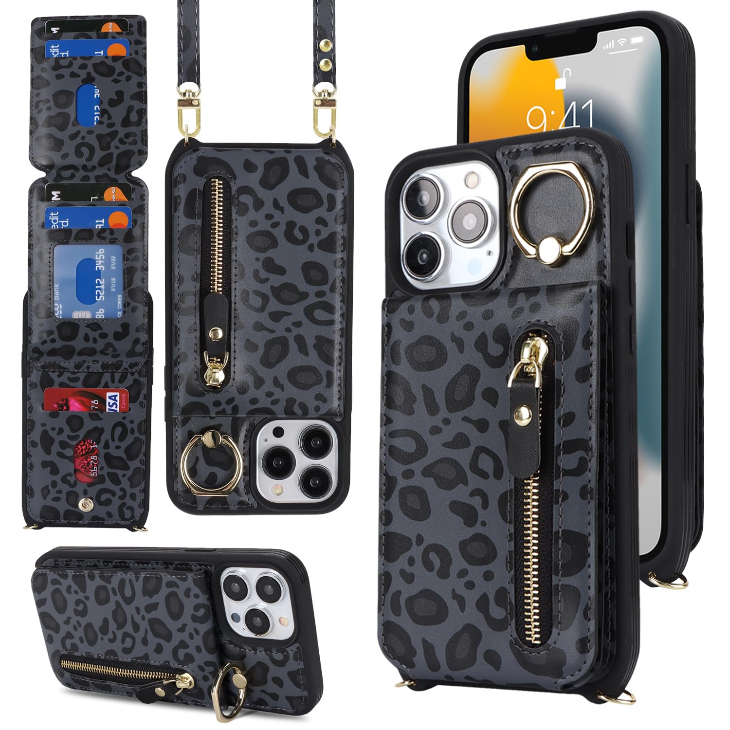 DEYHU iPhone 13 pro max Case with Card Holder for Women, iPhone 13 pro max Phone Case Wallet with Strap Credit Card Slots Crossbody with Kickstand Zipper Case - Black Leopard