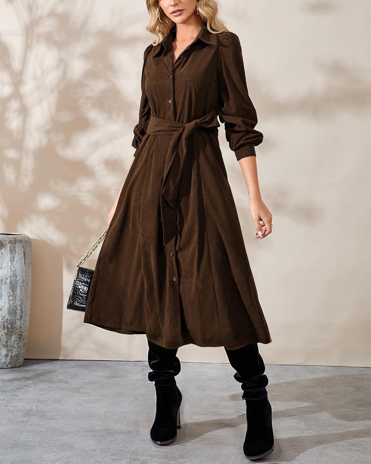 Women's Corduroy Midi Dress Long Sleeve Button Down Belted Flowy Shirt Dress with Pockets - Image 2