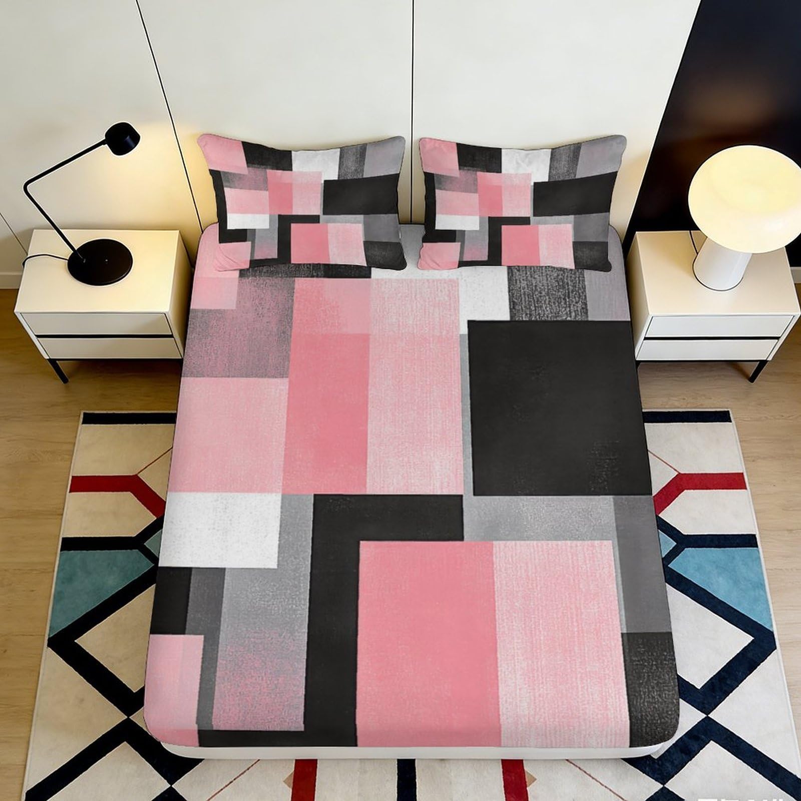 3D Printed Pink Geometric Fitted Sheet Microfiber Soft Abstract Block Mattress Cover for Bedroom Dorm Decor 200x200x25cm
