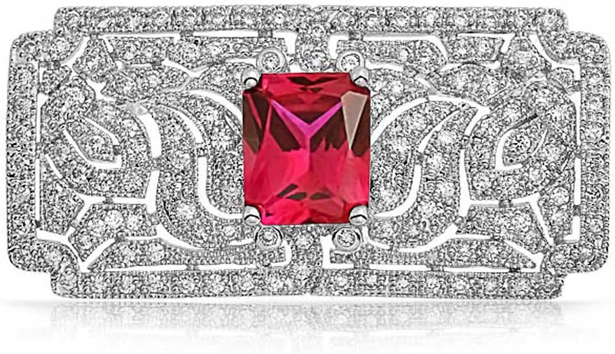 Big Vintage Estate Jewelry Scroll Cubic Zirconia Simulated Green Emerald Red Ruby Blue Sapphire AAA CZ Rectangle Filigree Statement Art Deco Style Brooch Pin For Women Silver Plated