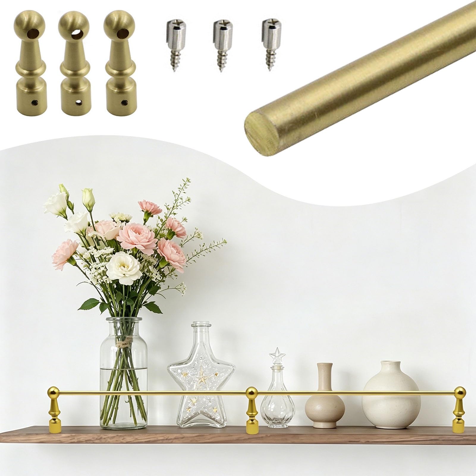 Dailify Brass Shelf Rail with 3 Posts & Screws, Decorative Gold Floating Shelving Guardrail 8 12 16 18 24 30 38 in, Custom Anti-fall Rail Bar for Shelves(Style A,40in/102cm)