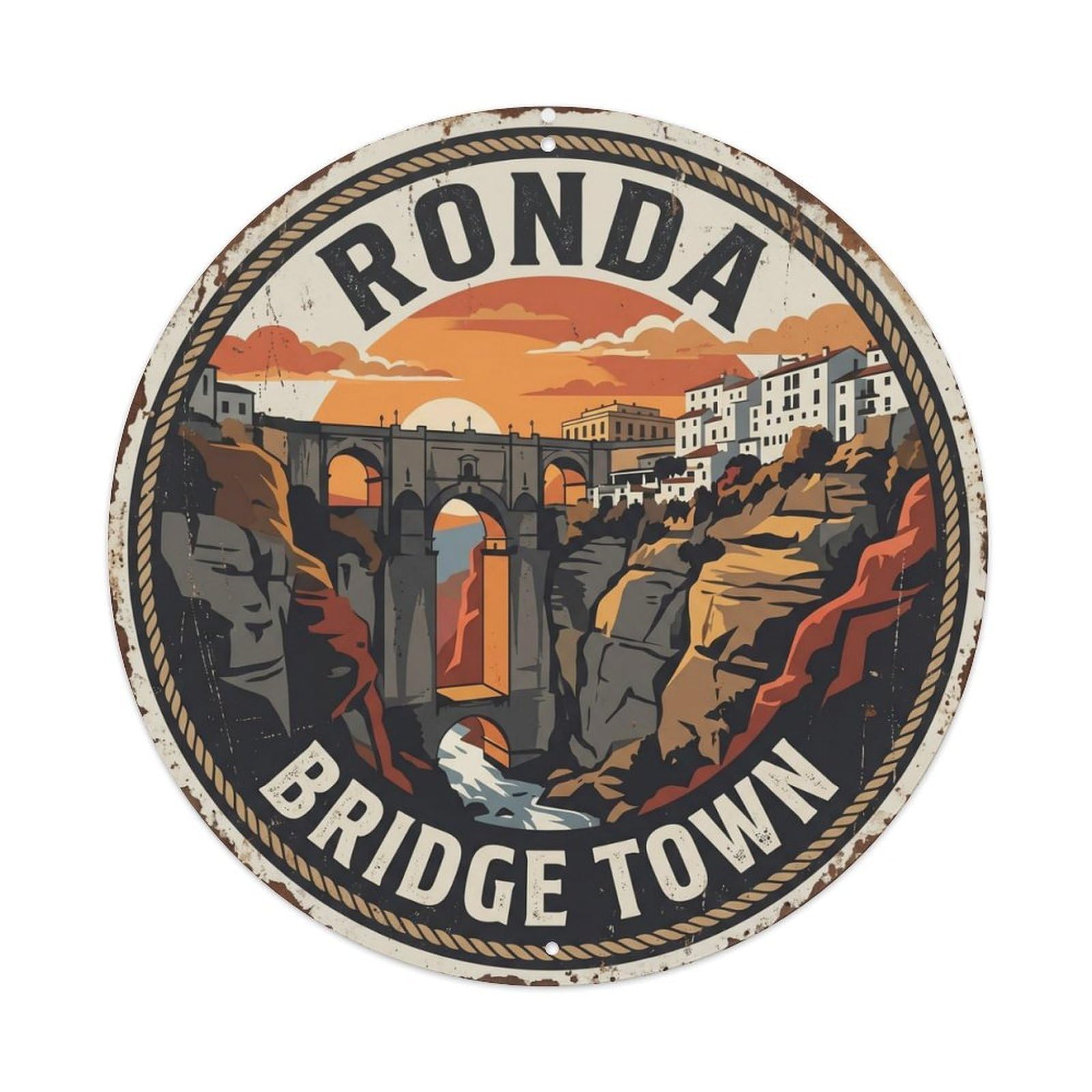 Vintage Travel Bridge Ronda Gorge Metal Tin Sign Plaque Wall Decor for Cafe, Club Bar, Office, Home Garden Round Metal Poster 8x8Inch