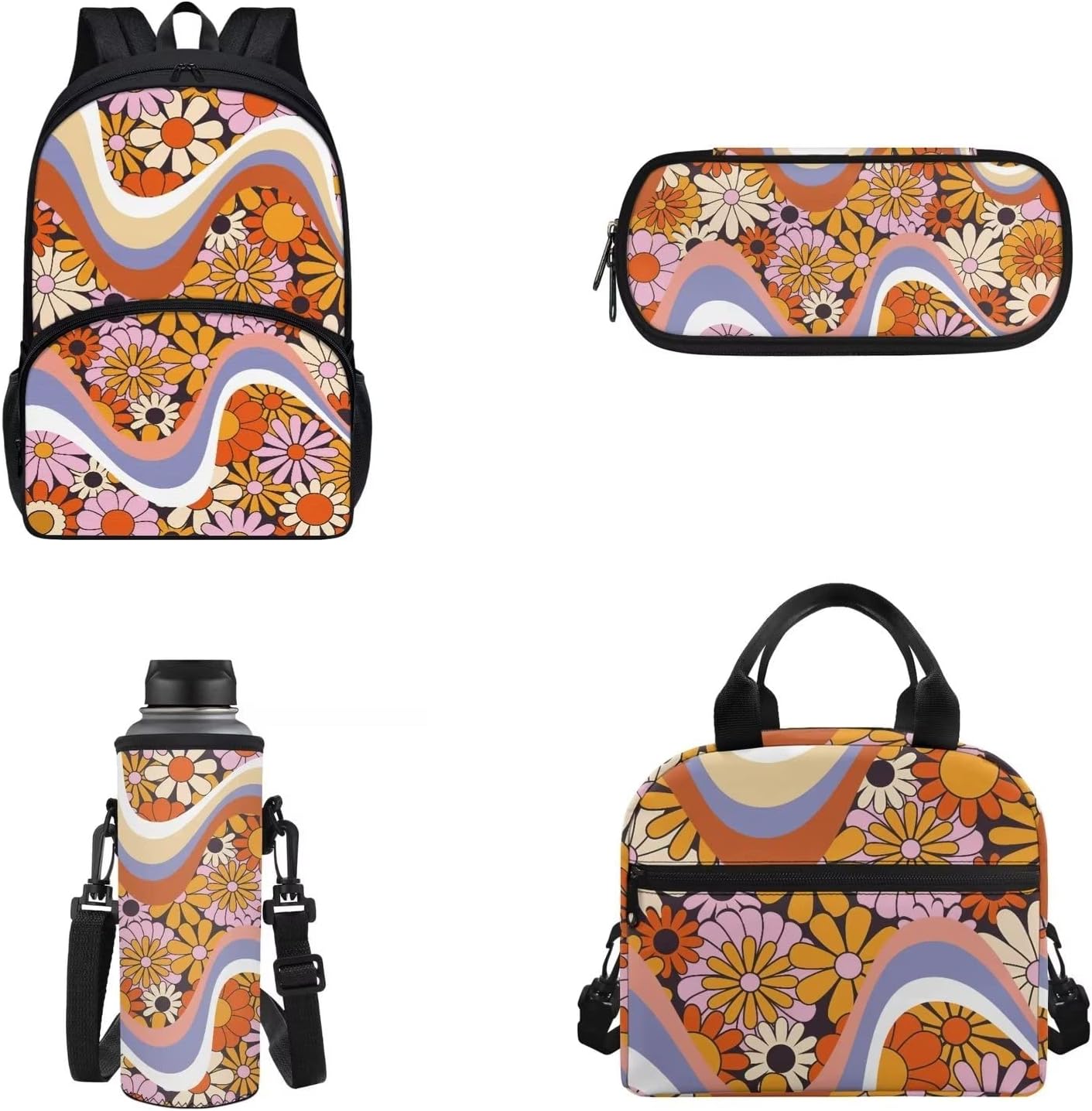 4 PCS Cute Frog Mushroom Backpack Girls Moon Stars Mushroom Schoolbag With Insulated Lunch Bag Crossbody Water Holder Case Pencil Box,Child School Bag Sets for Travel/Sports/Hiking