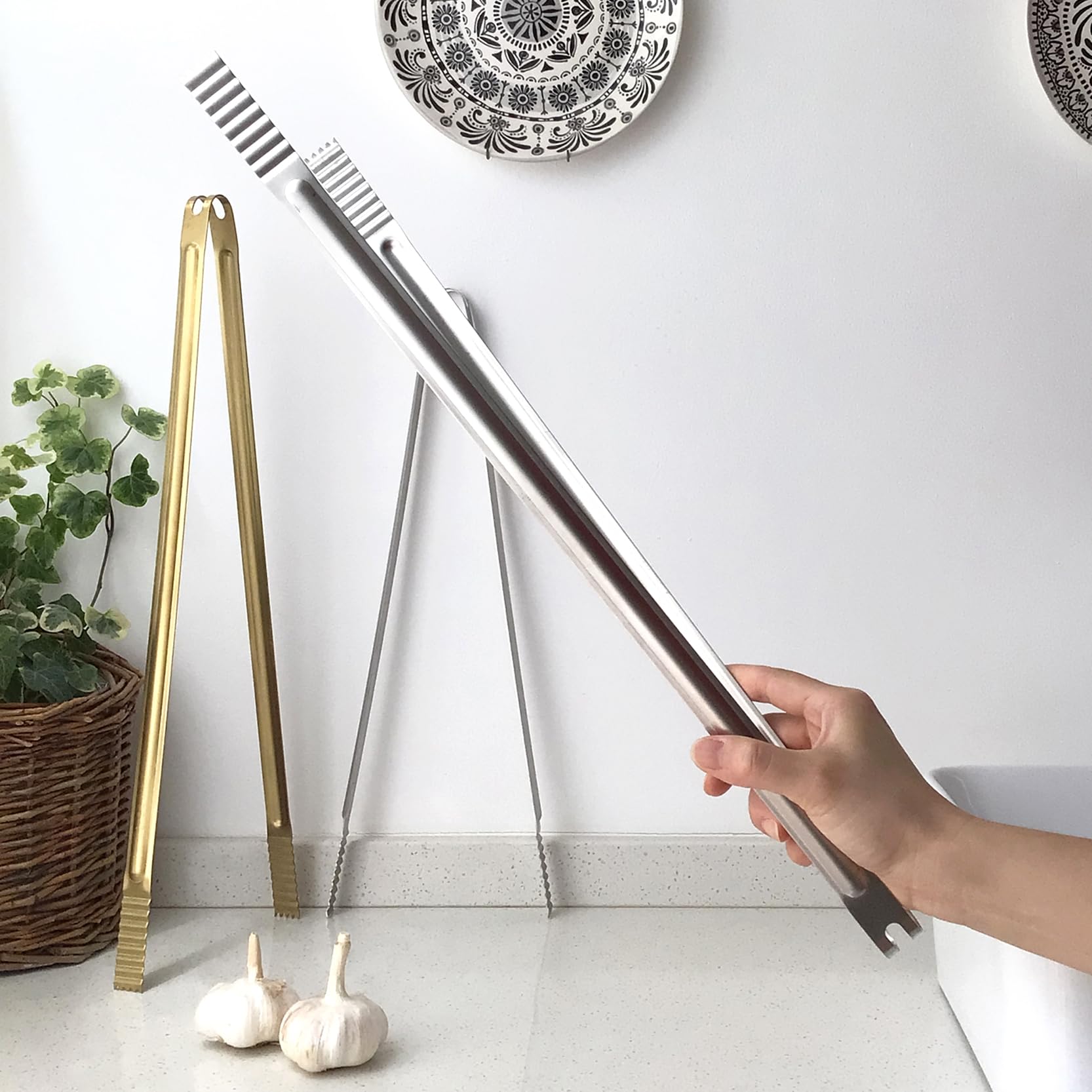 Pinze in acciaio inox da 50 cm con manico extra lungo (2 pezzi), color argento, pinze per alimenti di grandi dimensioni, per barbecue, grigliare, cucinare, friggere, spostare carbone