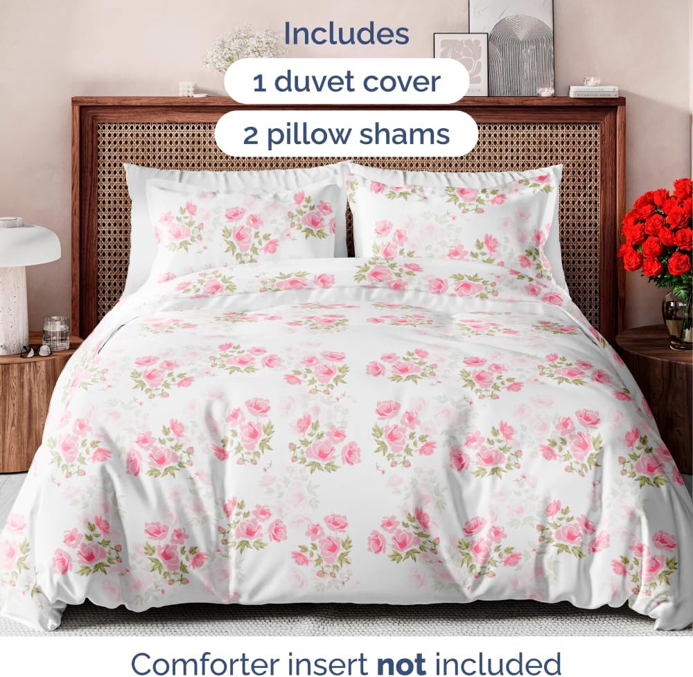 Duvet Cover Queen Size Set - Extra Soft Floral Duvet Cover 90 x 90 with 2 Pillow Shams - Comfy, Breathable Floral Bedding Set - Hotel Luxury Easy-Care & Fade Free with Zipper Closures & Ties - Bloom