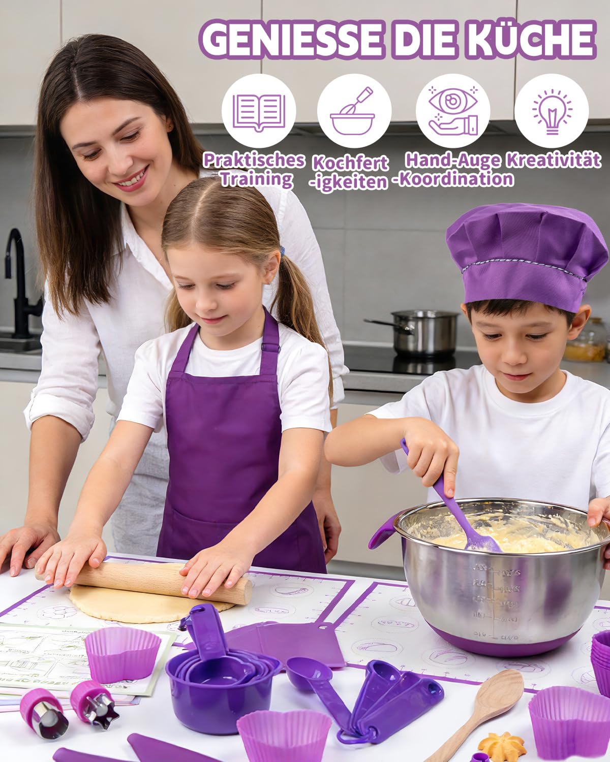 Kit de pâtisserie et de cuisine pour enfants 53 pièces avec toque, tablier de cuisine et accessoires de pâtisserie – Kit de jeu complet pour enfants à partir de 3 ans – Jouet éducatif pour
