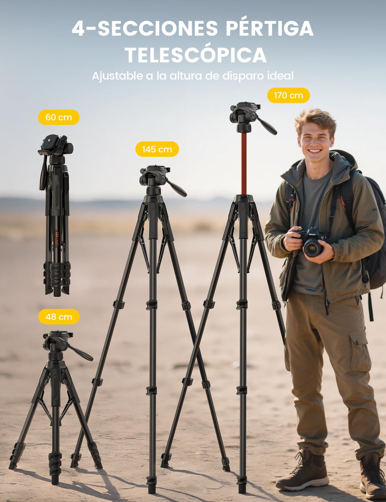 Lamicall Trípode para Cámara, Tripode para Móvil - [Patentadas Patas de Despliegue Rápido] [8KG Carga Máxima] 3 Vías Cabezal Panorámico, Soporte Cámara con Clip de Teléfono, para DSLR, iPhone y GoPro