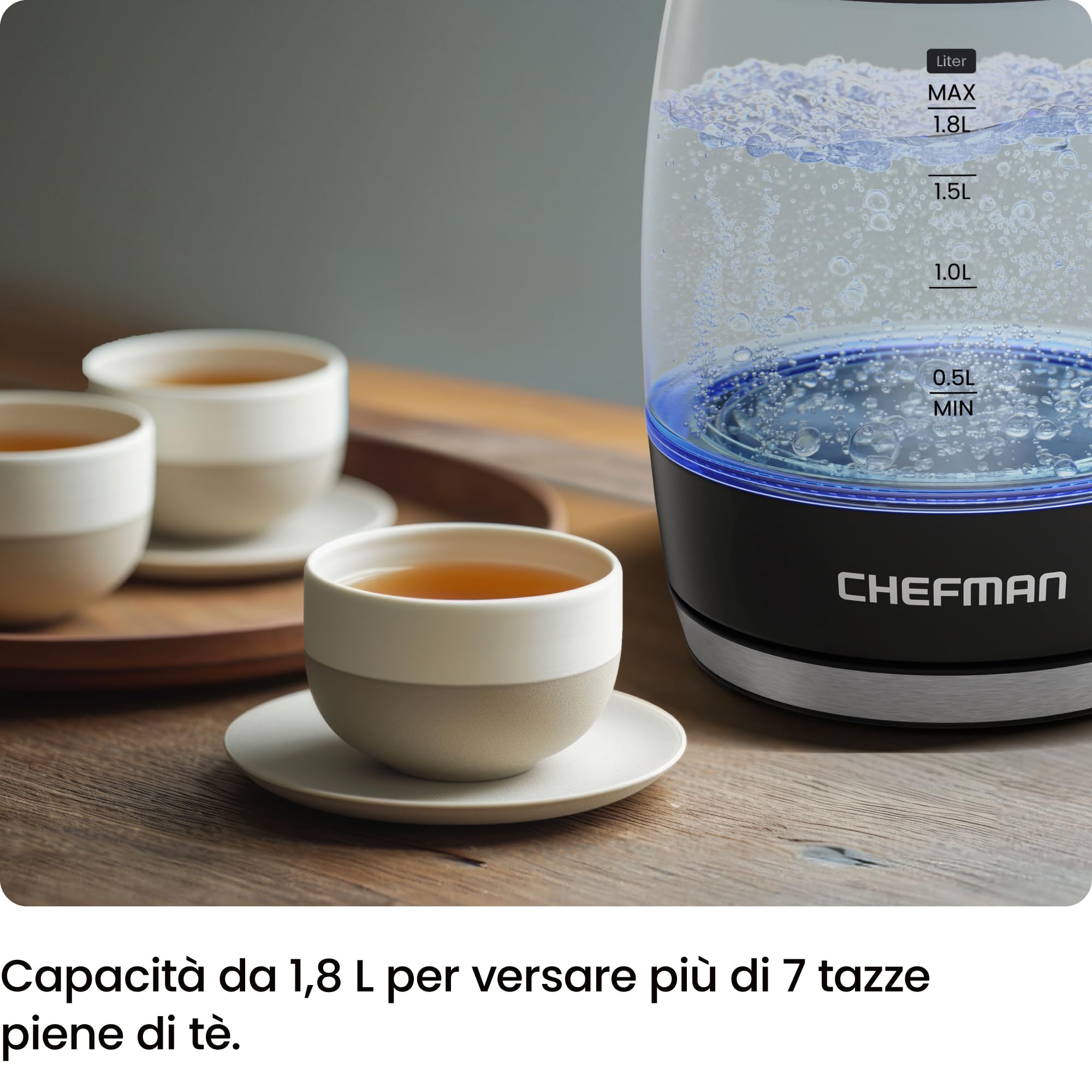 Chefman Bollitore Elettrico 1,8L 2200W, Spegnimento Automatico | Coperchio rimovibile, protezione bollitura a secco, filtro in acciaio inox