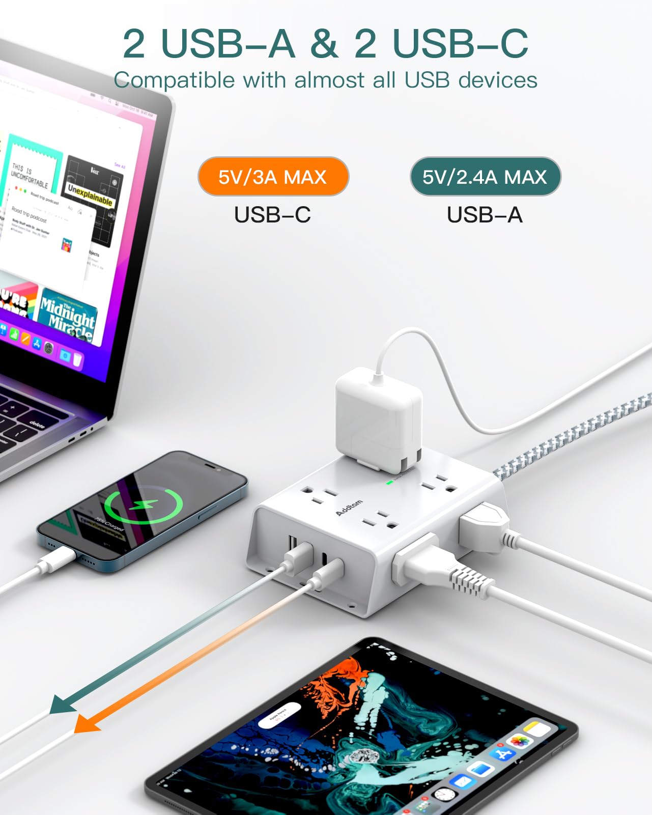 Protector de sobretensiones - 8 salidas extensas con 4 puertos USB (1 toma USB C),tira extensora de salida de 3 lados con cable de extensión de 5 pies, enchufe plano, soporte de pared para dormitorio