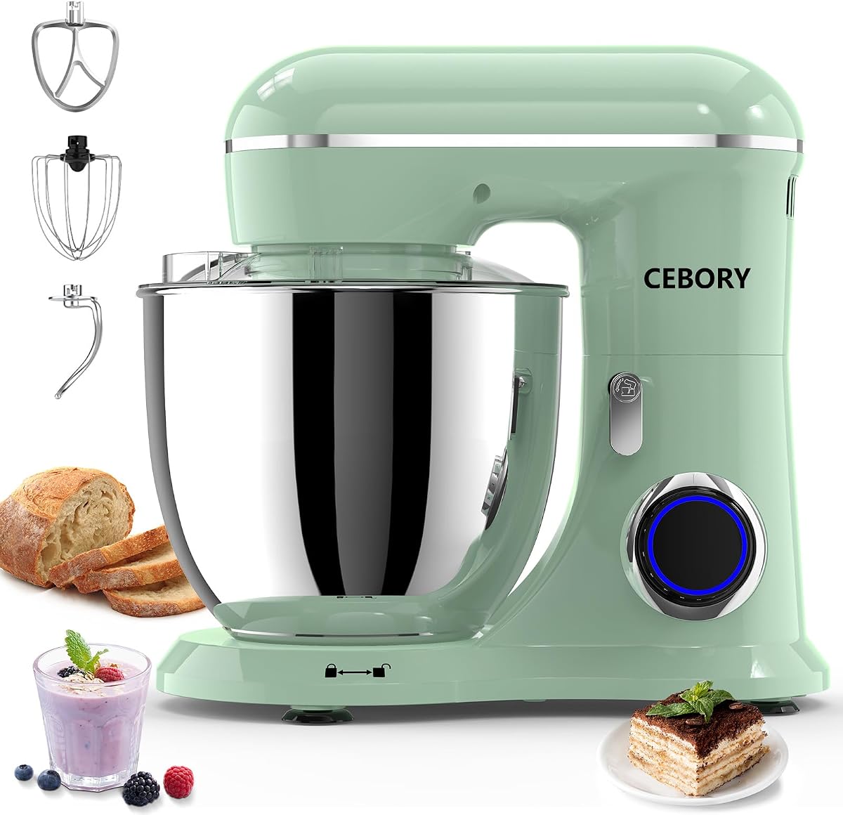CEBORY Batidora eléctrica 3 en 1, tazón de 6,5 cuartos de galón, batidora de cocina de 660 W, 10 velocidades, mezcladores de alimentos para el hogar, incluye gancho para masa, batidor y batidor, mezclador de pasteles de pan para hornear y la mayoría de los cocineros caseros, verde agave