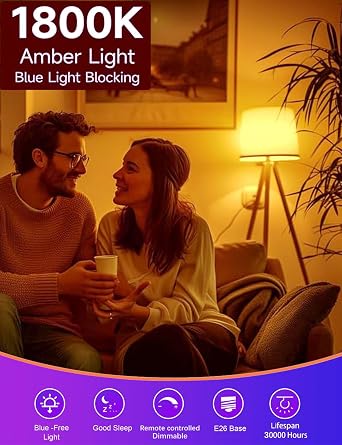 Red & Amber Sleep Bulb with Remote Control, 660nm Choose Red Light or 1800K Amber Light, Timer Function, 10W Blue Light Block, A19 Bulb, E26 Base, for Sleep Therapy, Bedroom, 2 Pack