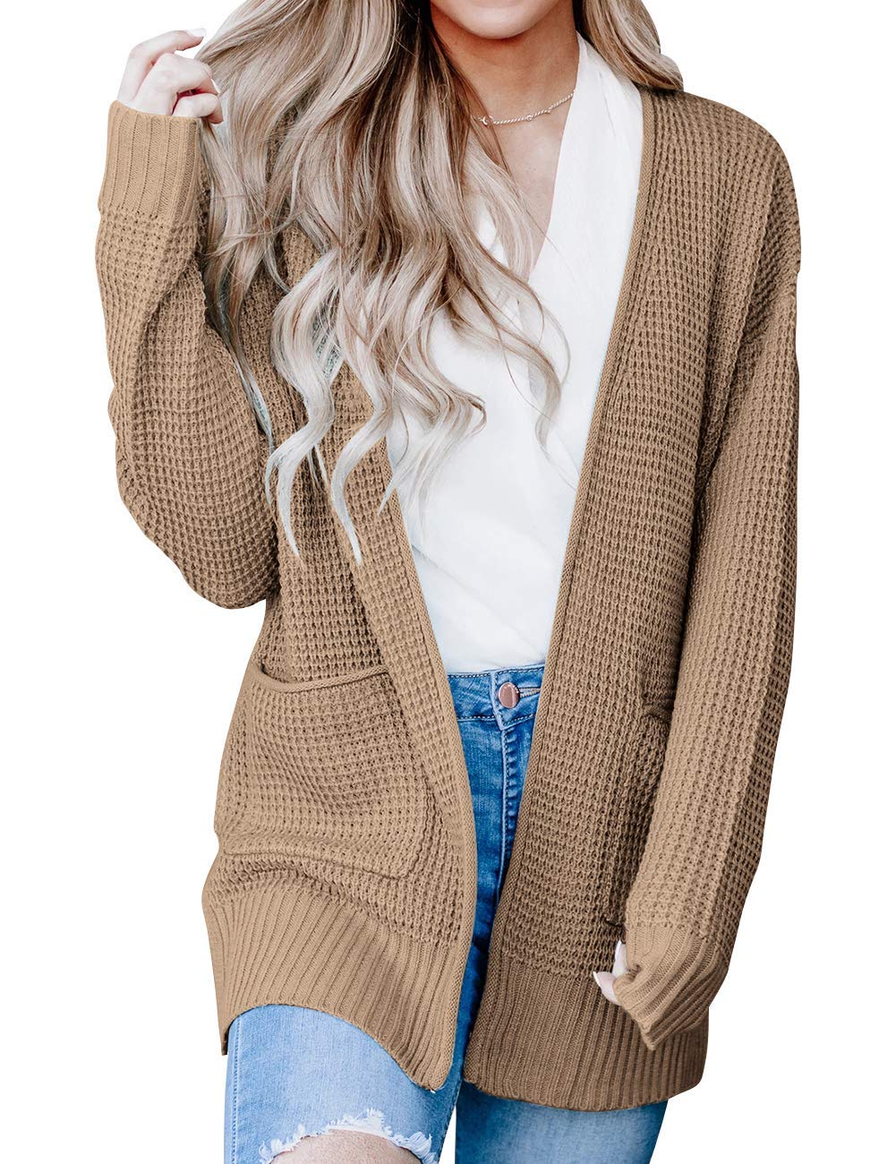 ZESICAWomen's 2024 Fall Casual Long Sleeve Open Front Waffle Knit Sweater Cardigans Coat Outwear with Pockets