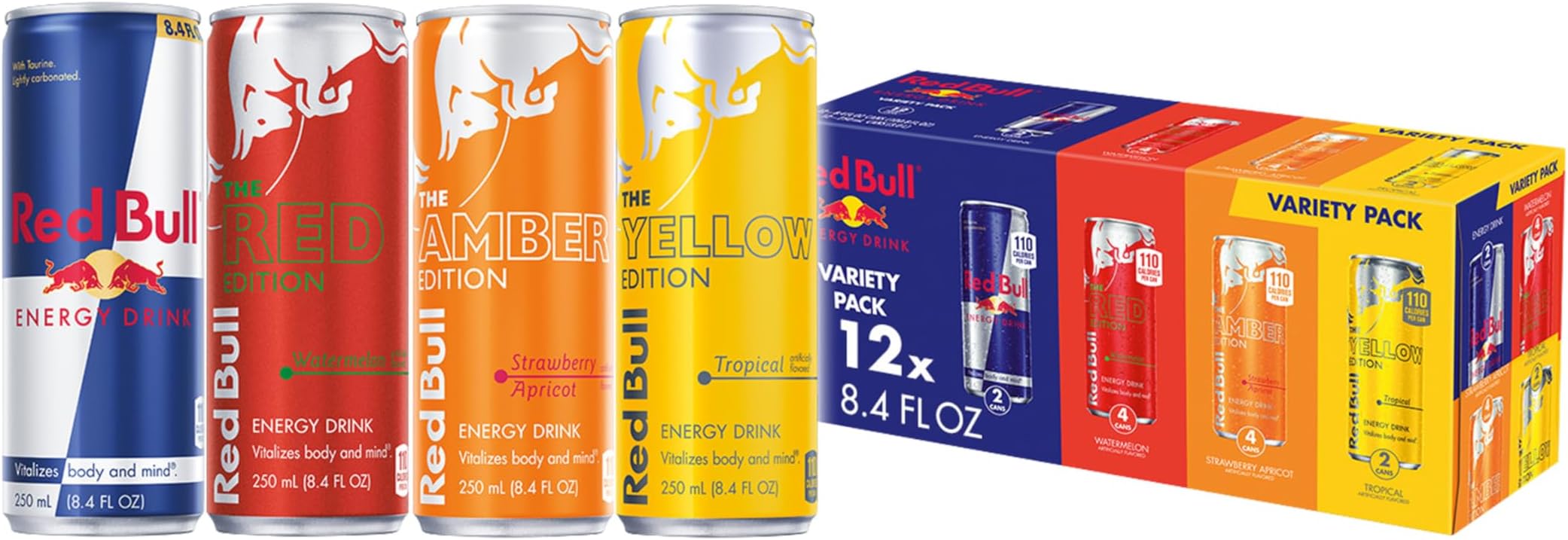 Red Bull Energy Drink Variety Pack, Red, Yellow & Amber, with 80mg Caffeine plus Taurine & B Vitamins, 8.4 Fl Oz, Pack of 12 Cans