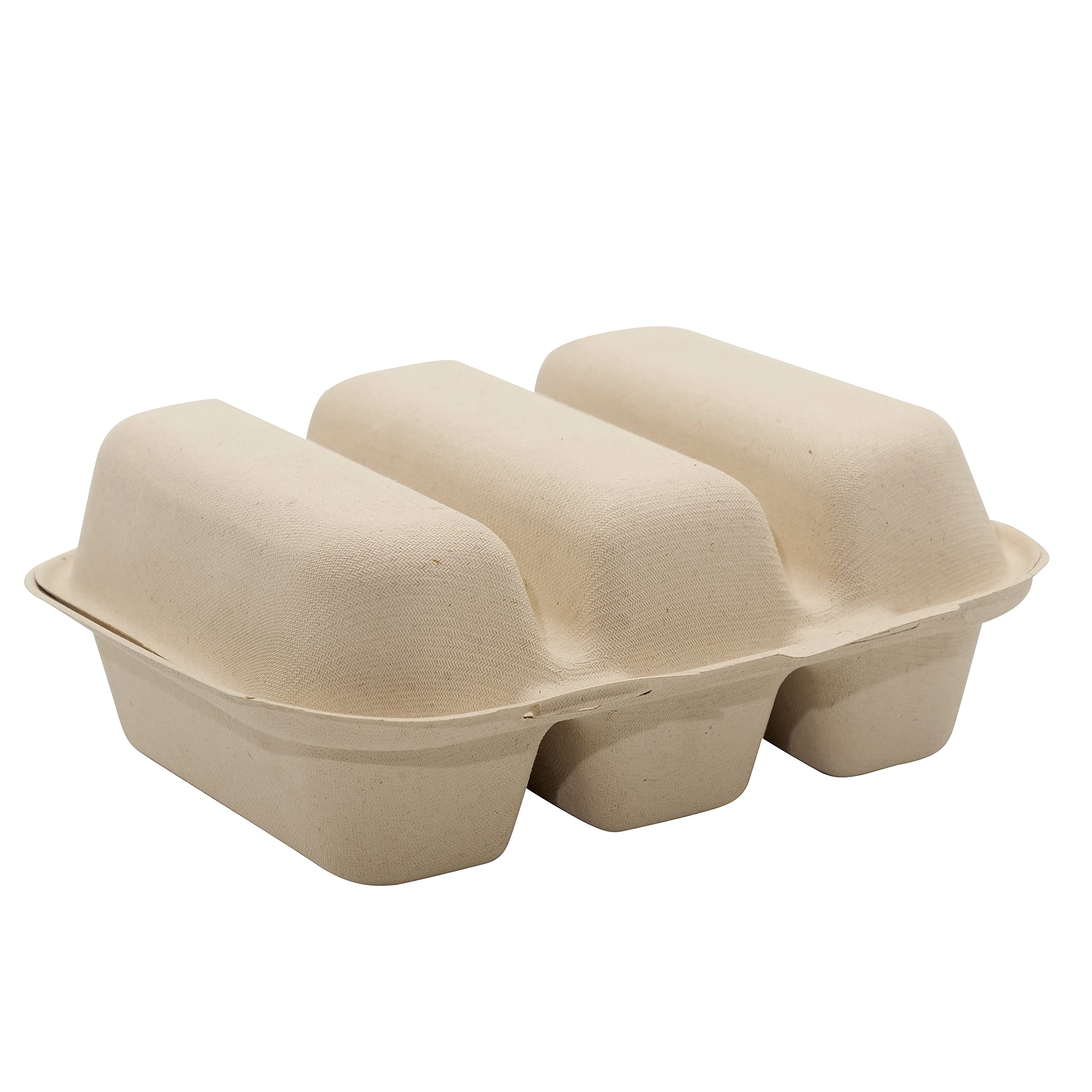 3 Compartment Taco Container Compostable Clamshell - Hot Dog Container, Biodegradable Takeout Box, Unbleached, Three Compartment - Concessions, Taco Trucks, Hot Dog Stands, Delivery, Take out (100)