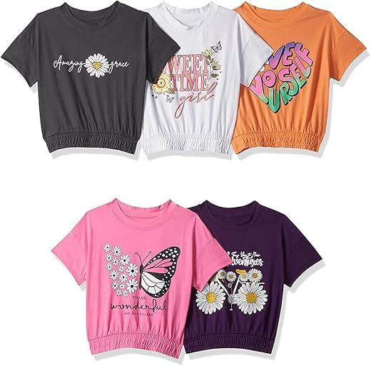 T2F Girls Cotton Printed DropShoulder Oversized Fit T-Shirt (Pack of 5)
