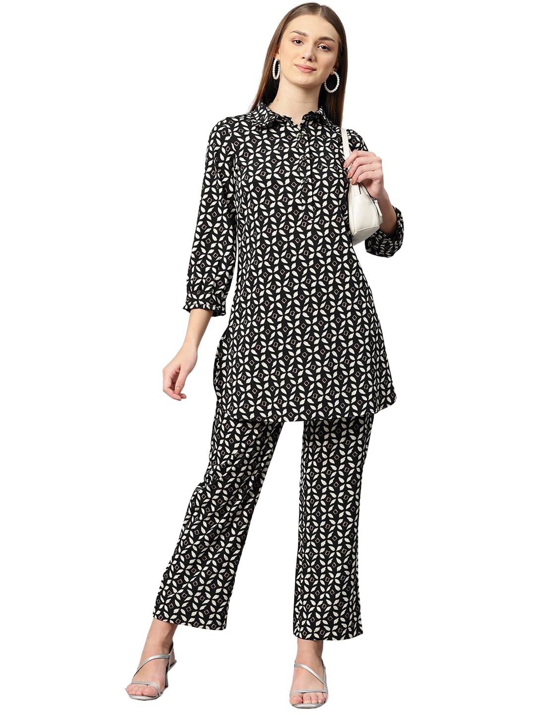 Cottinfab Women Black & Cream-Coloured Printed Peter Pan Collared Top with Trousers