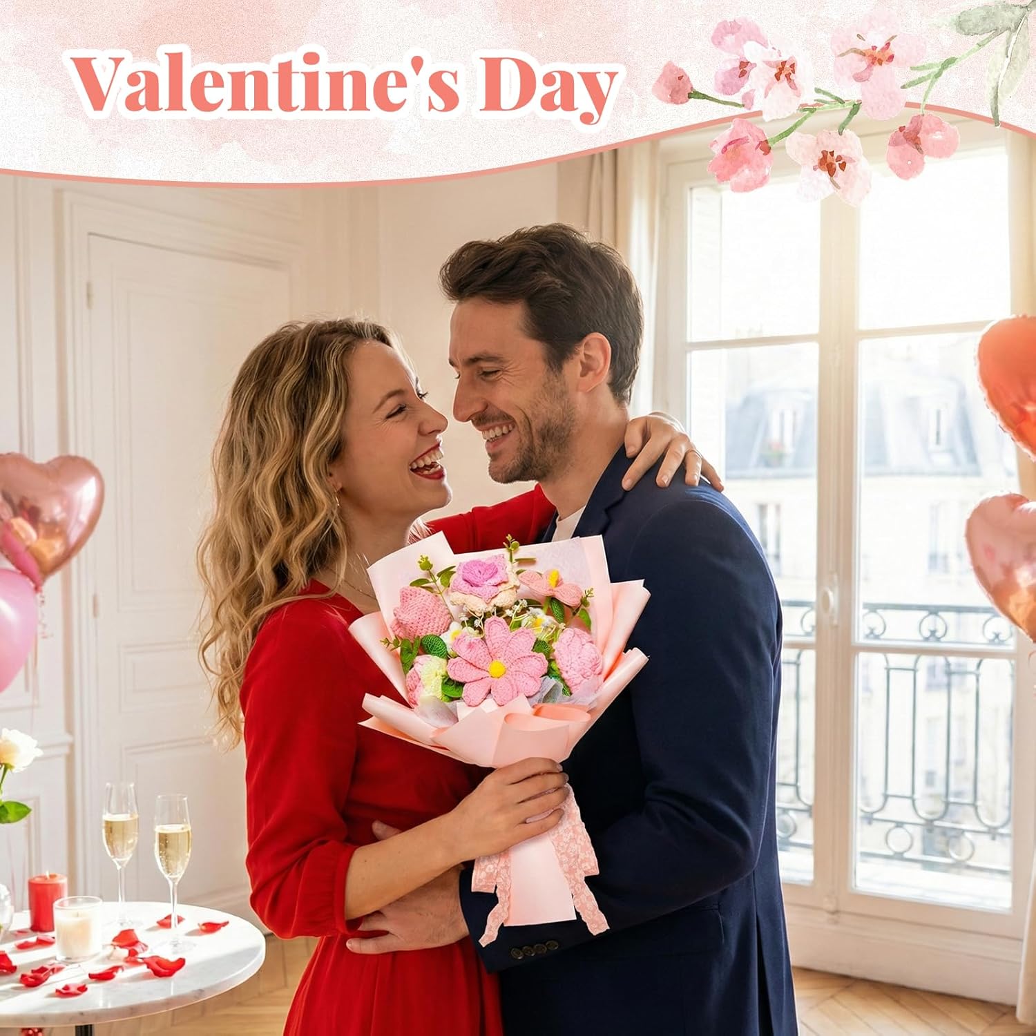 Crochet Flower Bouquet, Pink Handmade Crochet Flowers, Knitted Flowers Roses Crochet Bouquet for Valentines Day Birthday Mother's Day Anniversary Graduation Gifts (with Card and Clip)