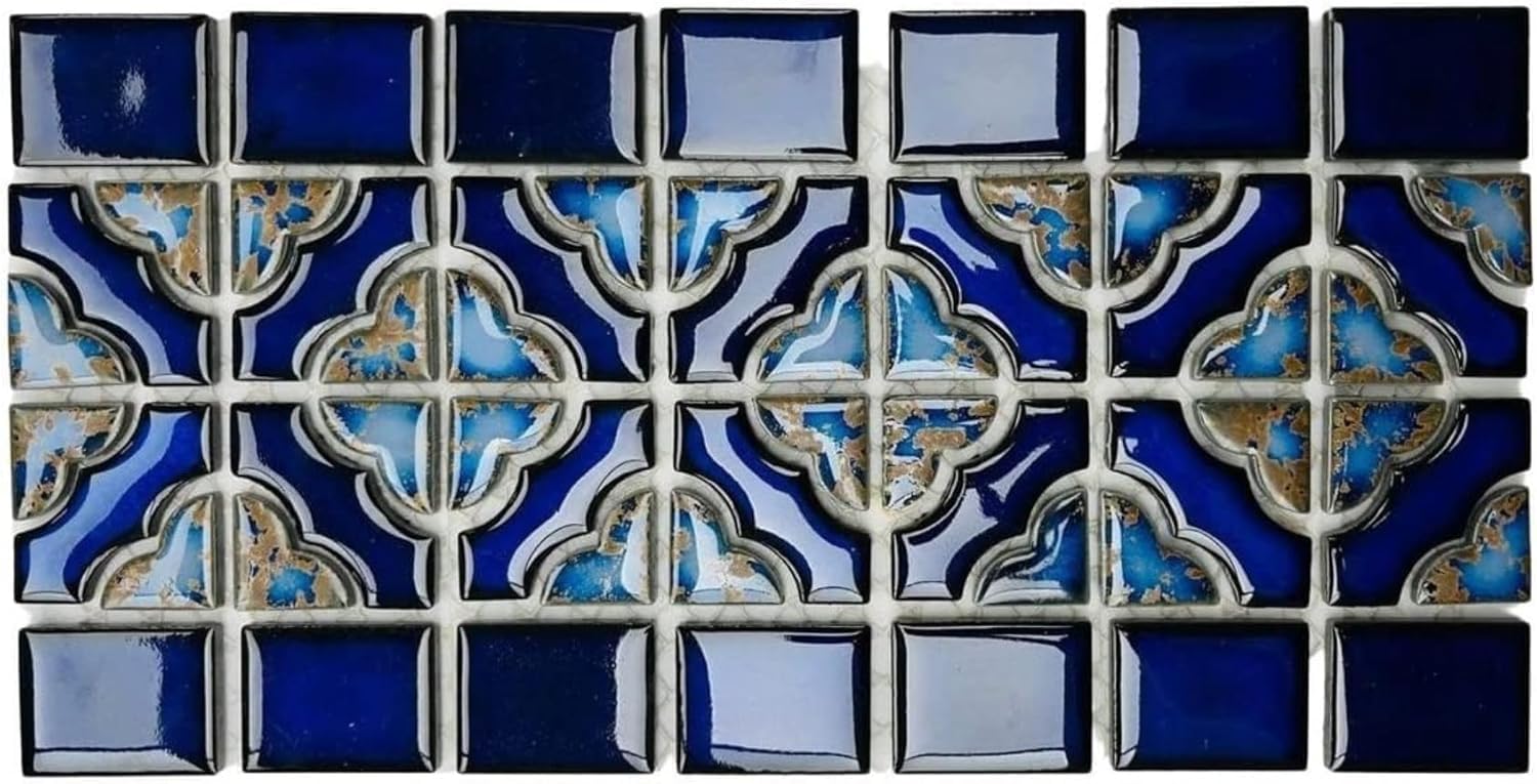 Tenedos Sunburst Calacatta Blue Glossy Porcelain Border Pool Wall and Floor Tile on 6x12 Mesh Mounted for Easy Installation for Bathroom Tile| Shower Backsplash| Kitchen| Accent Wall (1 Piece)