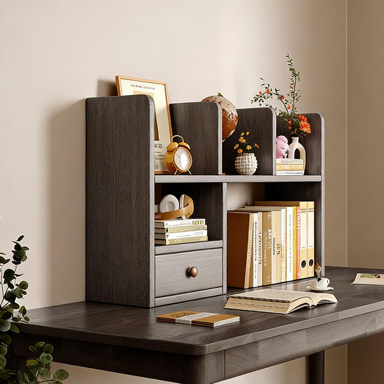 QUANNIL Solid Wood Desktop Bookshelf, Desk Bookshelf Organizer with Drawers，Multipurpose Freestanding Storage Rack, for Office Home School(Black walnut,2-Tier 60/23.6in)