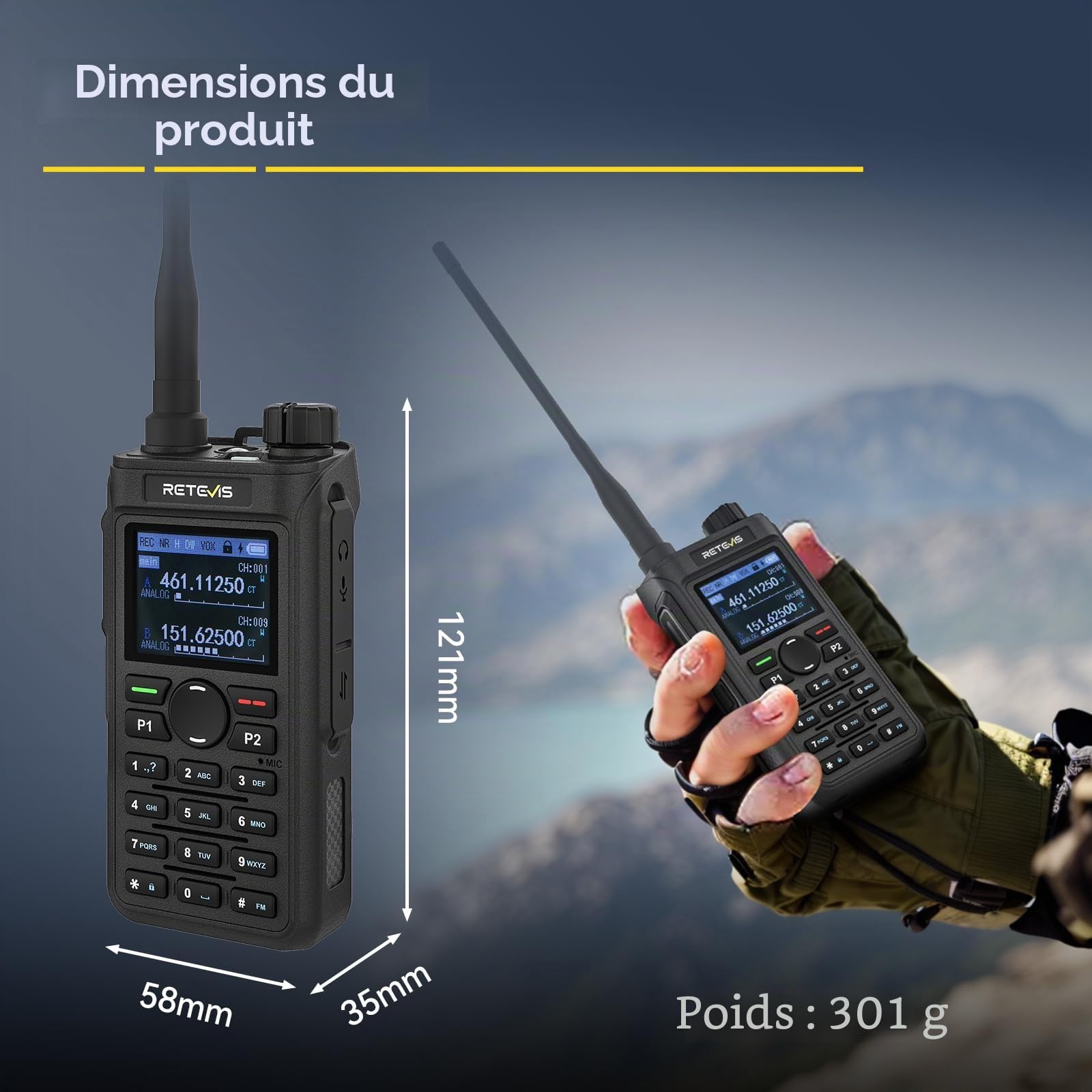 Retevis C62 Talkie Walkie avec Écran, Radio Ham Amateur Double Bande