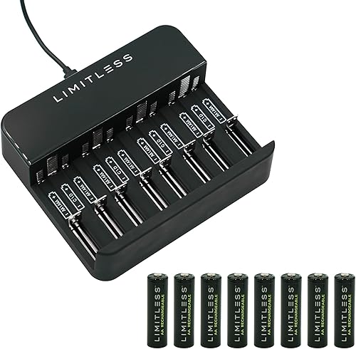 Limitless - Paquete de 8 baterías AA recargables con cargador, baterías universales de 2700 mAh NiMH de alta capacidad y sistema de carga de batería
