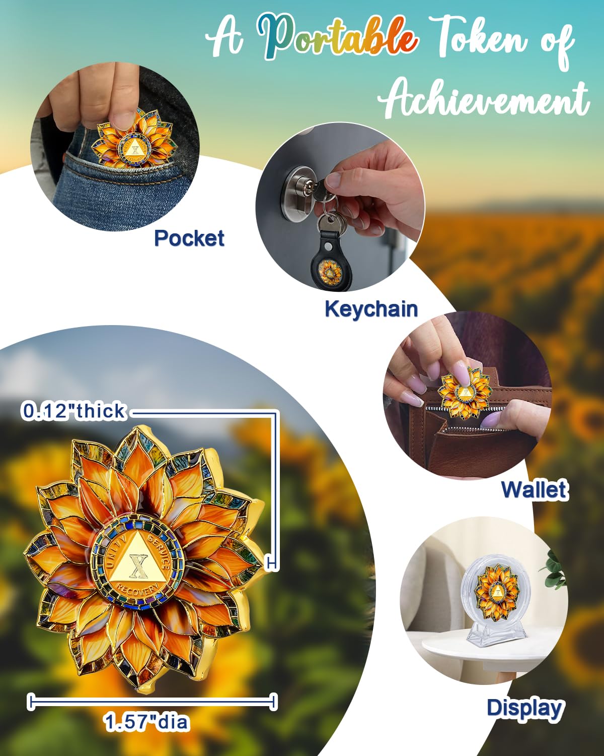 CHURYUML Sunflower 10-jährige Nüchternheitsmünze – Zehnjährige AA-Münzen, nüchterne Chip-Wiederherstellungs-Medaillons mit Token-Kapsel, Nüchternheitsgeschenke für Frauen und Männer, Alkoholiker