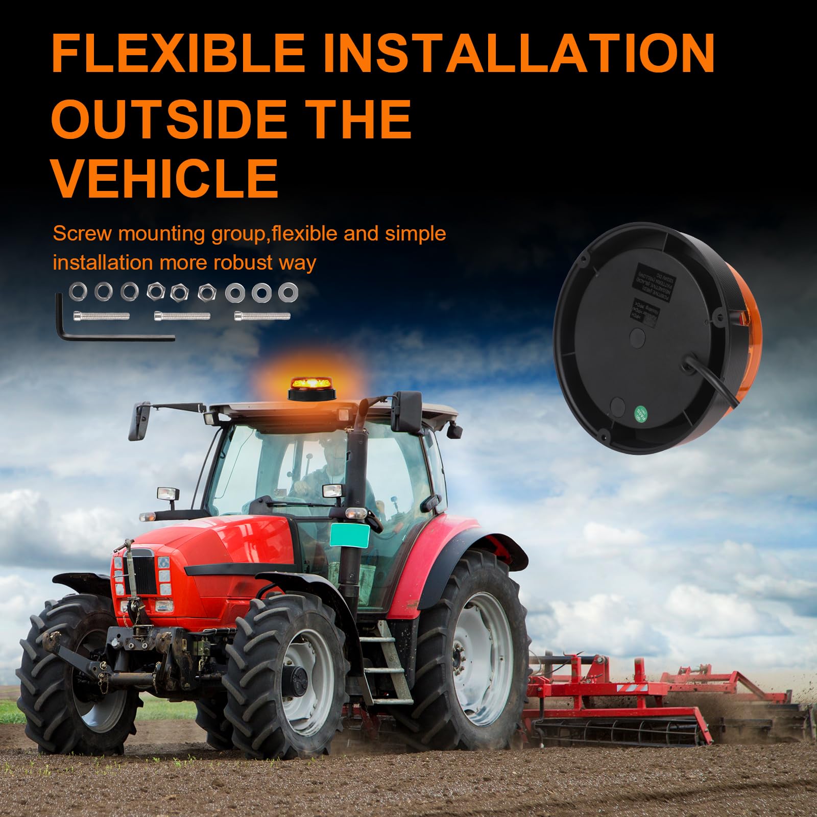 Gyrophare orange tracteur 12v 24v, 6 mode feux d'avertissement amber lumière stroboscopique d'urgence IP67 étanche Marque E Homologation - Fixe à visser