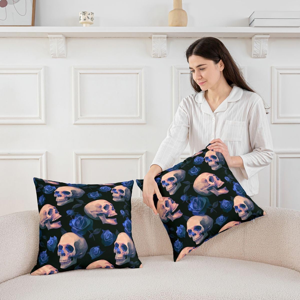 Erosebridal White Blue Sugar Skull Skeleton Set of 2 Throw Pillow Covers 24x24 Inch | Gothic Flowers Rose Cushion Covers Valentine Floral Cushion Cases Adults Women Decorative Pillowcases
