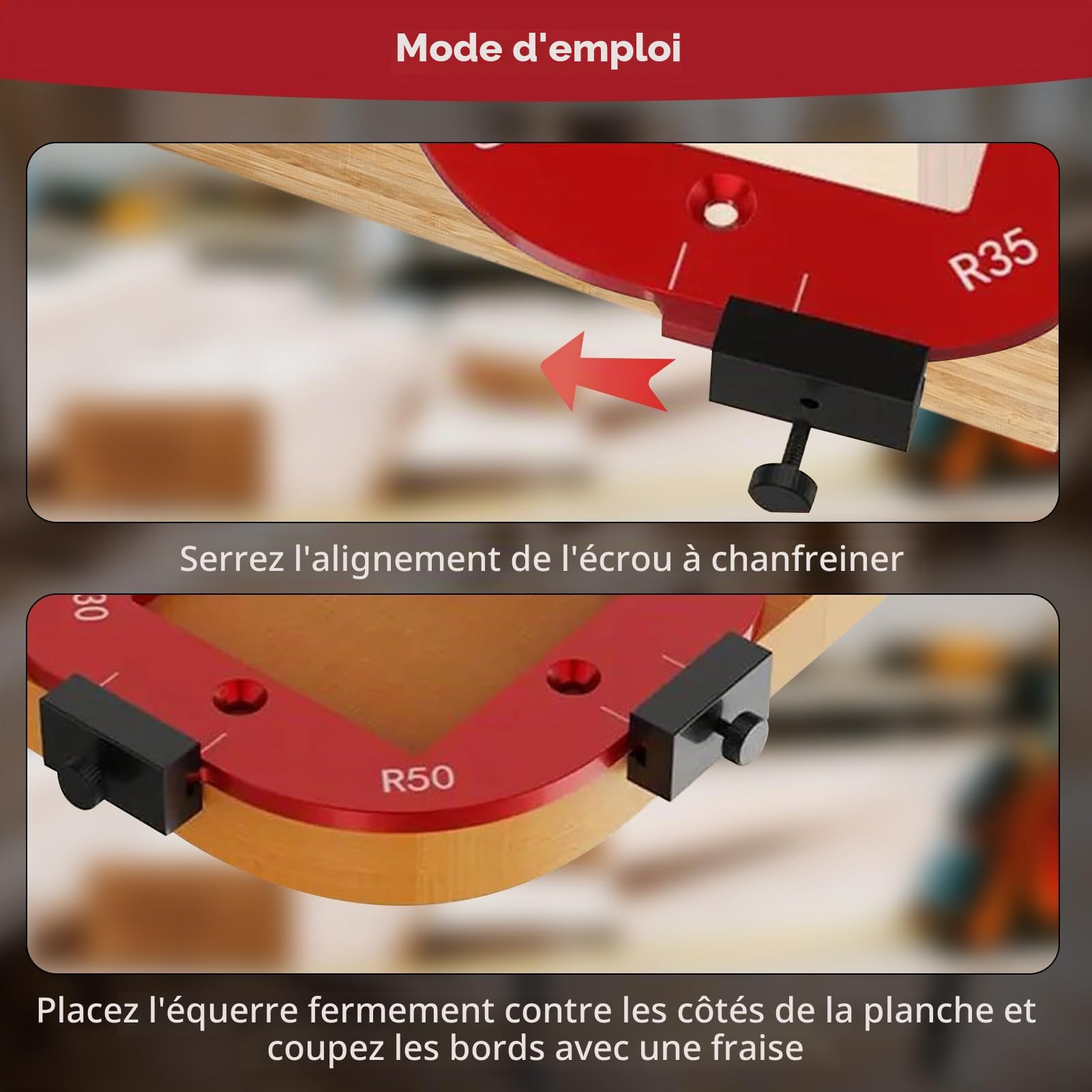 Lot de 7 Gabarit Defonceuse a Bois D'angle avec Clip Amovible en Alliage D'aluminium pour Le Travail Du Bois Outil Auxiliaire de Coupe à L'arc R10 R15 R20 R25 R30 R35 R40 R50 R60