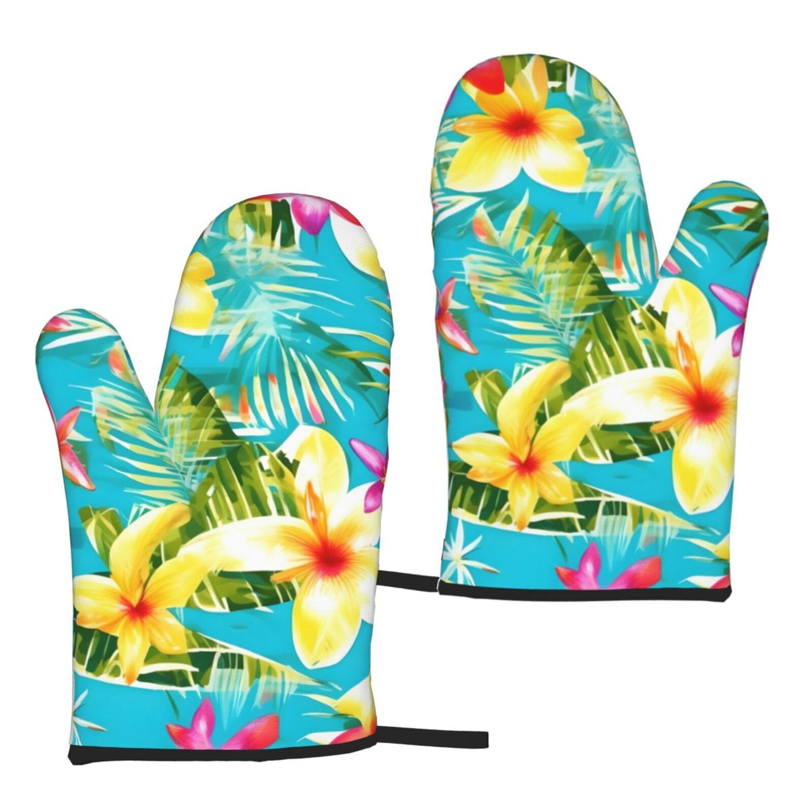 Nimongt Women's Black Summer Style Hawaiian Print Adults Universal Fit Heat Resistant Oven Gloves Reusable Cooking Outdoor Grilling