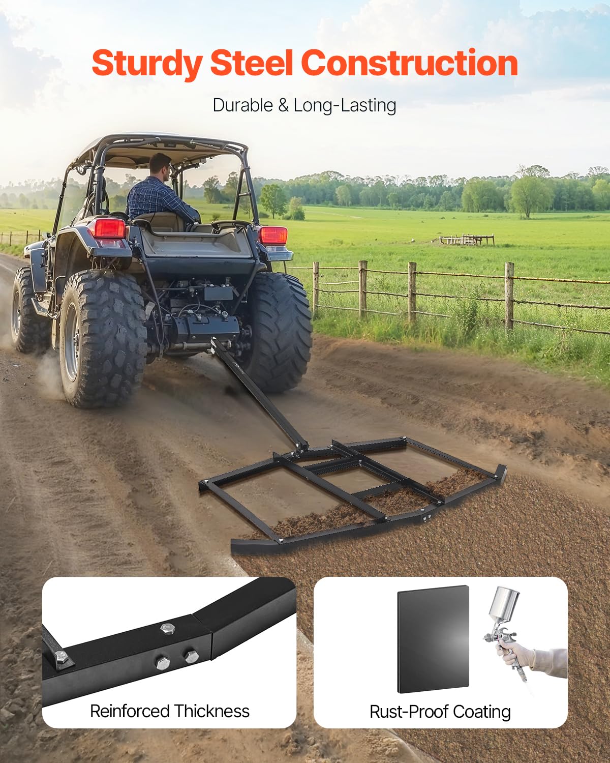 VEVOR Grada de Arrastre Ancho de 188 cm para Remolcar Niveladora de Entrada de Vehículos de Acero con Enganche de Pasador Grada de Entrada de Vehículos para ATV, UTV, Tractores de Césped