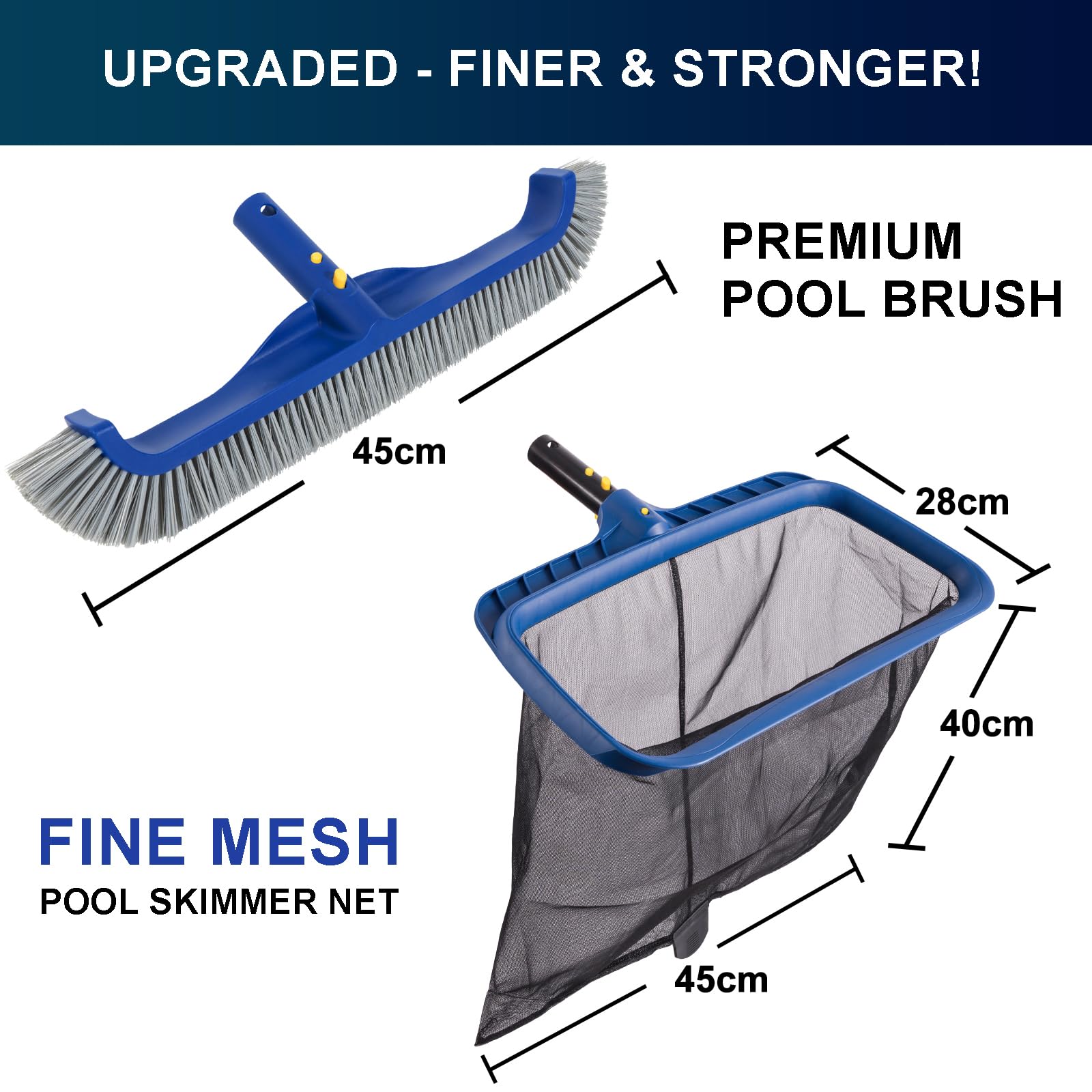 POOLAZA Kit de nettoyage de piscine, filet de skimmer de piscine à mailles fines & brosse de piscine de 45 cm, skimmer de piscine à cadre stable & tête de brosse de piscine professionnelle pour