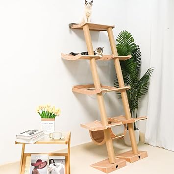 Cat Tree with Hammock, Tall Wall Mounted Wood Scratching Post for Indoor Cats Climbing Activity Tower
