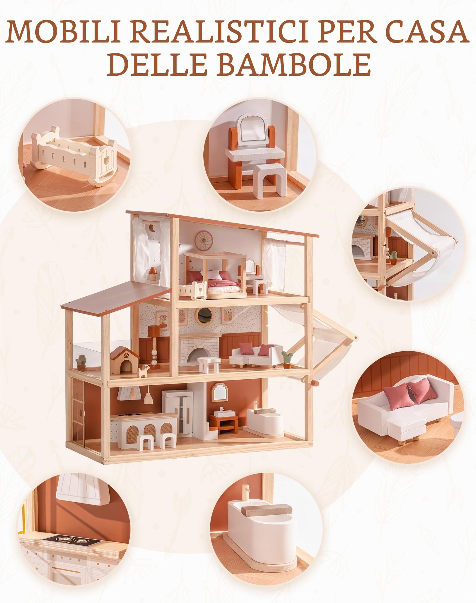 ROBOTIME Casa delle bambole in legno, bohémien con mobili e accessori, giochi a 3 livelli con tenda regolabile ed elementi in rattan, stile marrone kaki, regalo fantasioso
