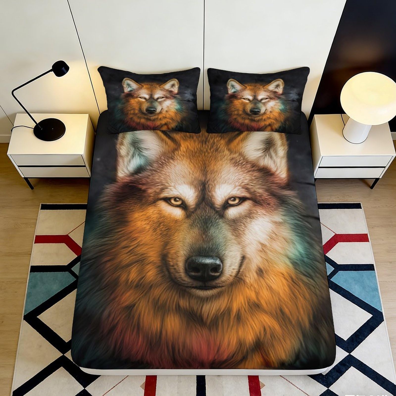 3D Printed Wolf Head Fitted Sheet Microfiber Soft Breathable Animal Art Mattress Cover for Bedroom Dorm Decor 90x200x25cm