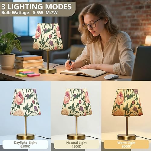 Miniatura 4 de Retro Vintage Flowers Leaves Table Lamp 3 Level Brightness Patio Table Lamp with Fabric Linen Shade for End Table, Living Room Desk, Metal Base