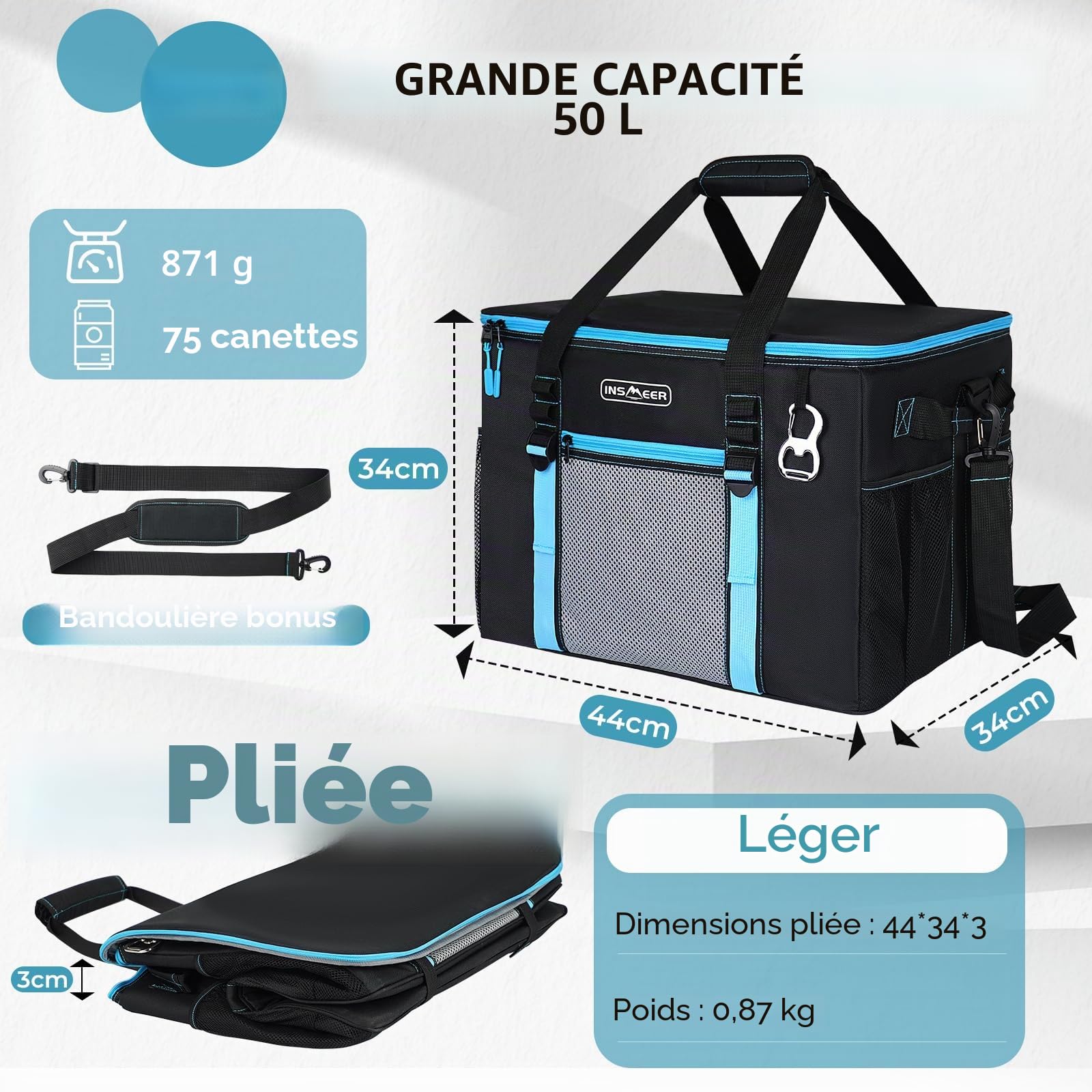 INSMEER Sac isotherme grand 50 L, sacs isothermes pliables pour 80 canettes, étanche/avec ouvre-bouteille intégré, sac de pique-nique/boîte isotherme grande pour camping, plage, pique-nique