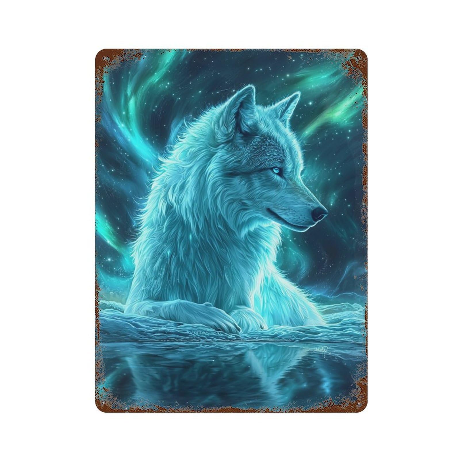Enchanted Wolf Aurora Weathered Tin Sign 15.7"x11.8", Classic Wall Plaque for Garage, Bar And Workshop Decor